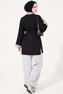 Çizgi Gömlek Garnili Basic Tunik Siyah - Tunik
