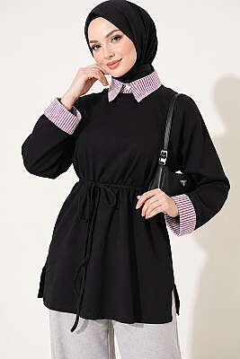 Çizgi Gömlek Garnili Basic Tunik Siyah - Tunik