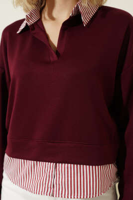 Çizgi Gömlek Garnili Kısa Sweatshirt Bordo - Kadın Giyim Modelleri