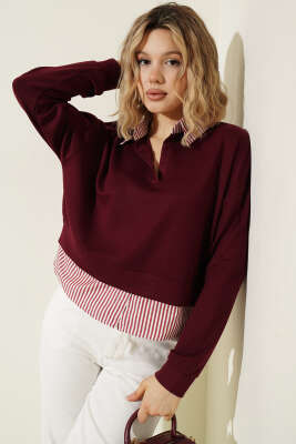 Çizgi Gömlek Garnili Kısa Sweatshirt Bordo - Kadın Giyim Modelleri