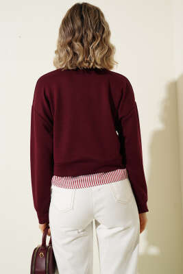 Çizgi Gömlek Garnili Kısa Sweatshirt Bordo - Kadın Giyim Modelleri