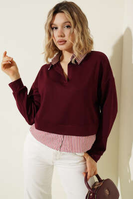 Çizgi Gömlek Garnili Kısa Sweatshirt Bordo 