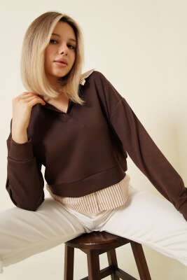 Çizgi Gömlek Garnili Kısa Sweatshirt Kahve - DİVON