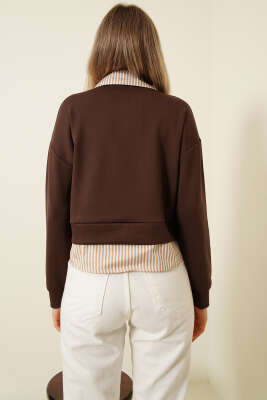 Çizgi Gömlek Garnili Kısa Sweatshirt Kahve - Kadın Giyim Modelleri