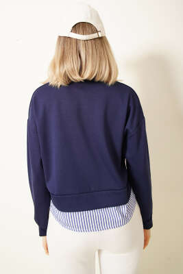 Çizgi Gömlek Garnili Kısa Sweatshirt Lacivert - Kadın Giyim Modelleri