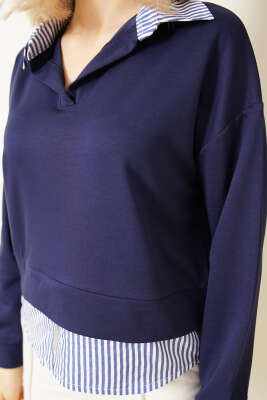 Çizgi Gömlek Garnili Kısa Sweatshirt Lacivert - Kadın Giyim Modelleri