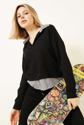 Çizgi Gömlek Garnili Kısa Sweatshirt Siyah - DİVON