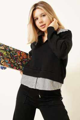 Çizgi Gömlek Garnili Kısa Sweatshirt Siyah - Kadın Giyim Modelleri