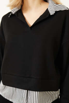 Çizgi Gömlek Garnili Kısa Sweatshirt Siyah - Kadın Giyim Modelleri