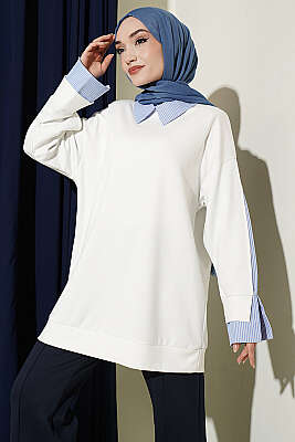 Çizgi Gömlek Garnili Loyşa Tunik Ekru - HELLIE