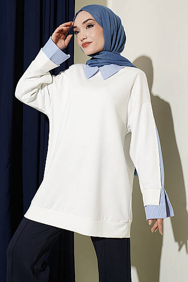 Çizgi Gömlek Garnili Loyşa Tunik Ekru - Tunik