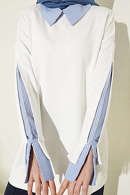 Çizgi Gömlek Garnili Loyşa Tunik Ekru - Tunik