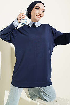 Çizgi Gömlek Garnili Loyşa Tunik Lacivert - HELLIE