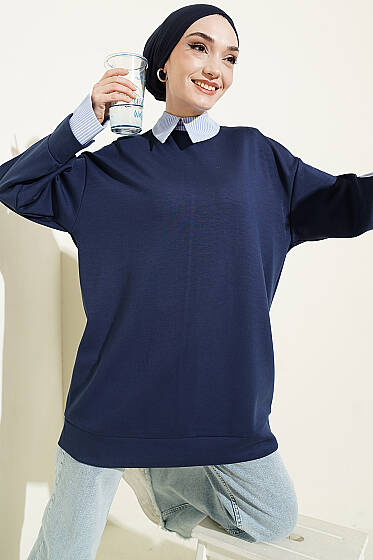 Çizgi Gömlek Garnili Loyşa Tunik Lacivert - Tunik