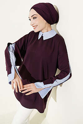 Çizgi Gömlek Garnili Loyşa Tunik Mürdüm - HELLIE