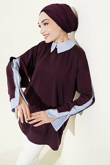 Çizgi Gömlek Garnili Loyşa Tunik Mürdüm - Tunik