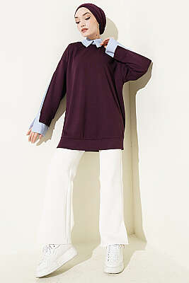 Çizgi Gömlek Garnili Loyşa Tunik Mürdüm - Tunik