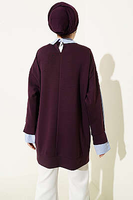 Çizgi Gömlek Garnili Loyşa Tunik Mürdüm - Tunik