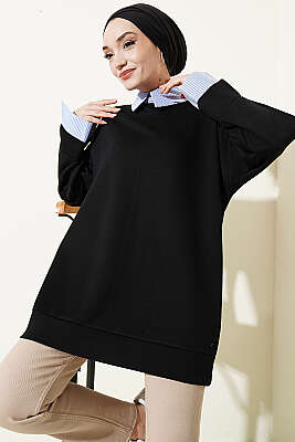 Çizgi Gömlek Garnili Loyşa Tunik Siyah - HELLIE