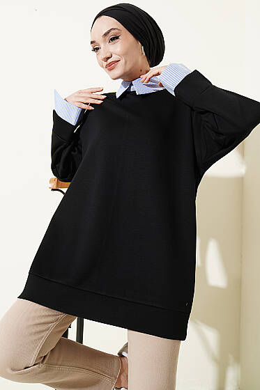 Çizgi Gömlek Garnili Loyşa Tunik Siyah - Tunik