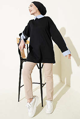 Çizgi Gömlek Garnili Loyşa Tunik Siyah - Tunik