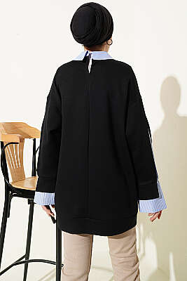 Çizgi Gömlek Garnili Loyşa Tunik Siyah - Tunik