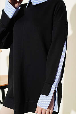 Çizgi Gömlek Garnili Loyşa Tunik Siyah - Tunik