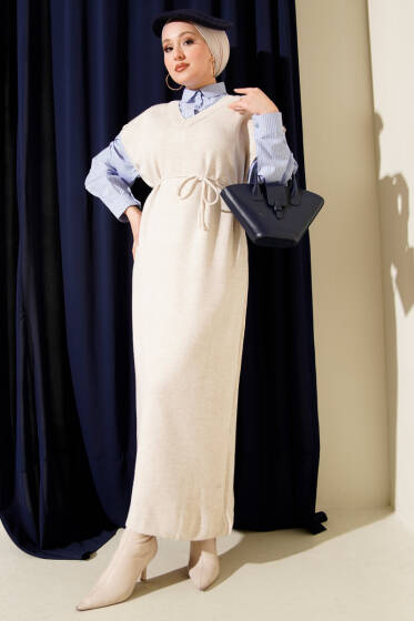 Çizgi Gömlek Garnili Triko Elbise Bej - Elbise