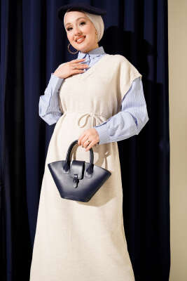 Çizgi Gömlek Garnili Triko Elbise Bej - Elbise