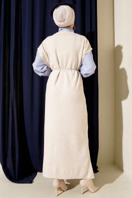 Çizgi Gömlek Garnili Triko Elbise Bej - Elbise