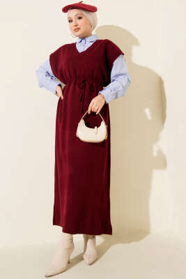 Çizgi Gömlek Garnili Triko Elbise Bordo - VAV TEKSTİL