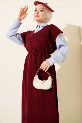 Çizgi Gömlek Garnili Triko Elbise Bordo - Elbise