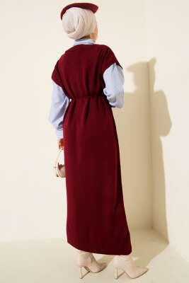 Çizgi Gömlek Garnili Triko Elbise Bordo - Elbise