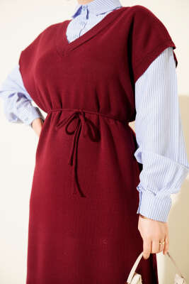 Çizgi Gömlek Garnili Triko Elbise Bordo - Elbise