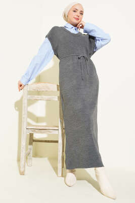 Çizgi Gömlek Garnili Triko Elbise Füme - VAV TEKSTİL