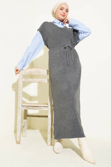 Çizgi Gömlek Garnili Triko Elbise Füme - Elbise