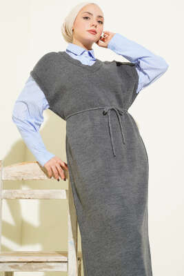 Çizgi Gömlek Garnili Triko Elbise Füme - Elbise