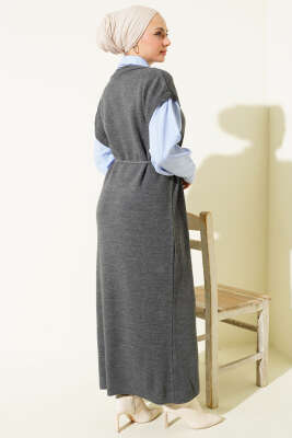 Çizgi Gömlek Garnili Triko Elbise Füme - Elbise