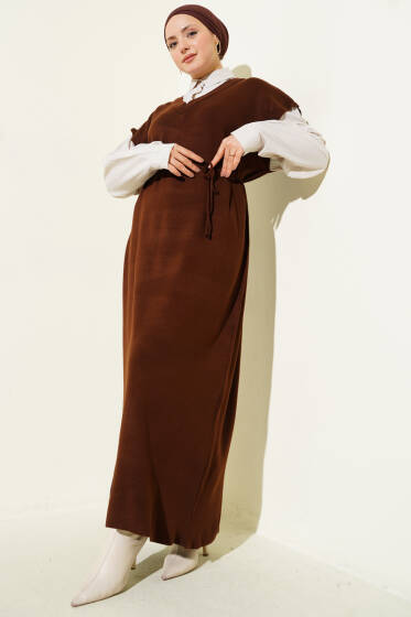 Çizgi Gömlek Garnili Triko Elbise Kahve Bej - Elbise