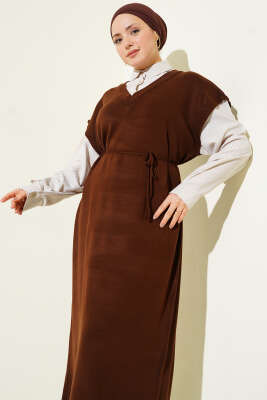 Çizgi Gömlek Garnili Triko Elbise Kahve Bej - Elbise