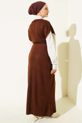 Çizgi Gömlek Garnili Triko Elbise Kahve Bej - Elbise