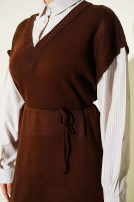 Çizgi Gömlek Garnili Triko Elbise Kahve Bej - Elbise