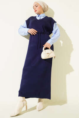 Çizgi Gömlek Garnili Triko Elbise Lacivert - VAV TEKSTİL