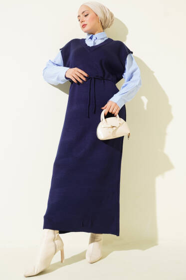 Çizgi Gömlek Garnili Triko Elbise Lacivert - Elbise