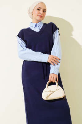 Çizgi Gömlek Garnili Triko Elbise Lacivert - Elbise