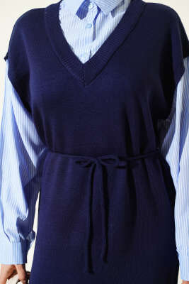 Çizgi Gömlek Garnili Triko Elbise Lacivert - Elbise