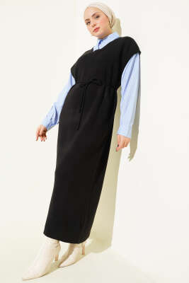 Çizgi Gömlek Garnili Triko Elbise Siyah - VAV TEKSTİL