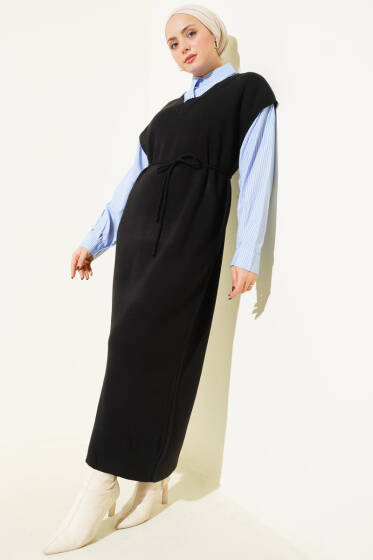 Çizgi Gömlek Garnili Triko Elbise Siyah - Elbise