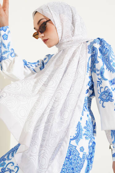 Çizgi Gül Desen Soft Şal Bej - Başörtüsü