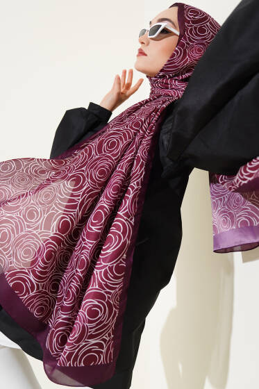 Çizgi Gül Desen Soft Şal Bordo - Başörtüsü